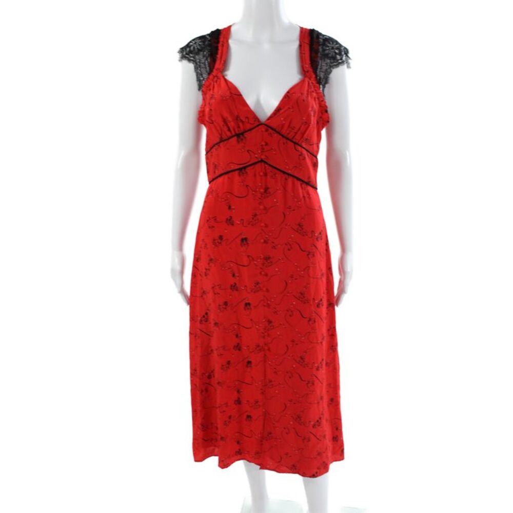 Tanya Taylor Women Fit & Flare Red Silk Geometric V-Neck Sleeveless Dress Size 2